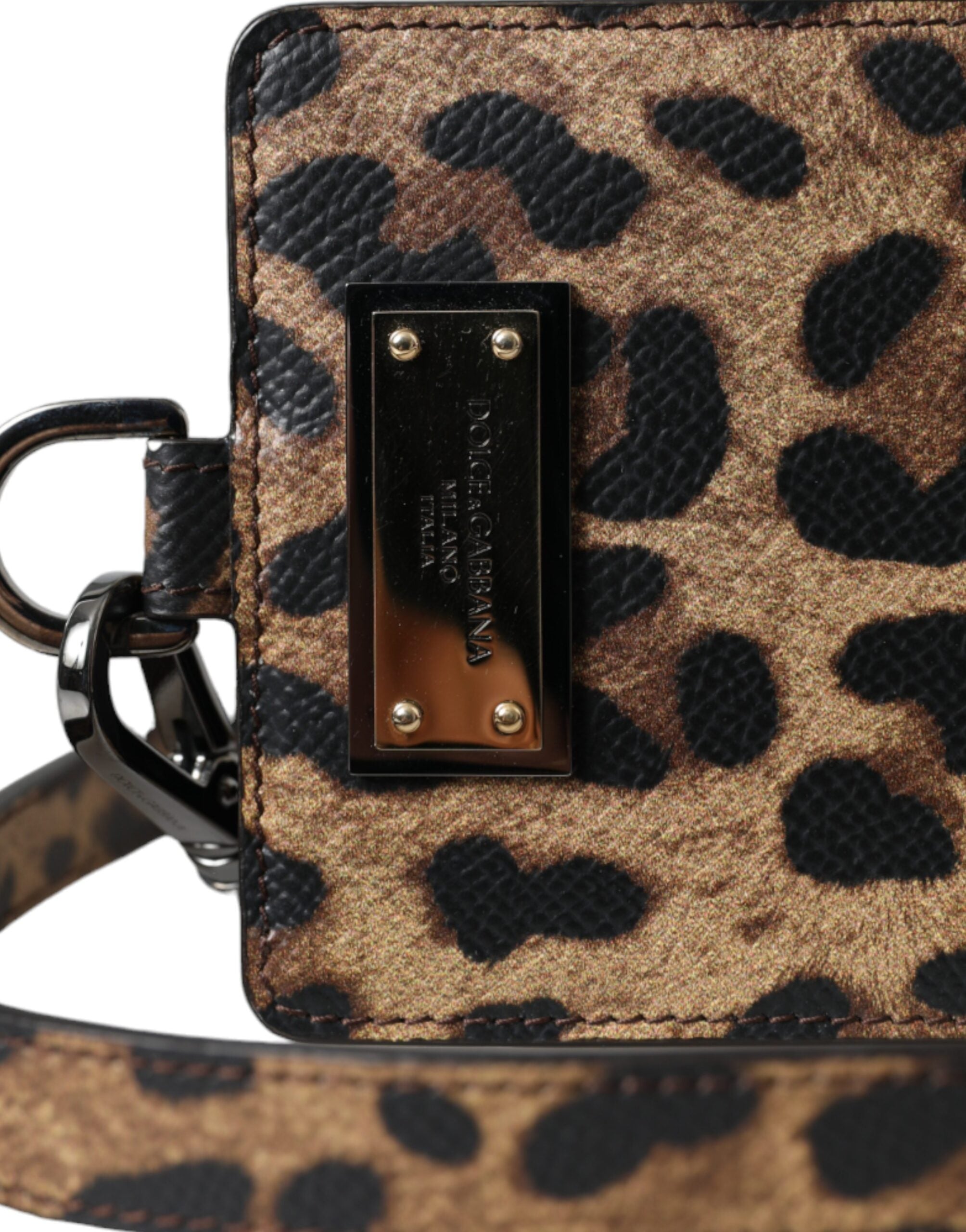 Dolce & Gabbana Kahverengi Deri Leopar Desenli Logo Plakalı Kartlık Cüzdan